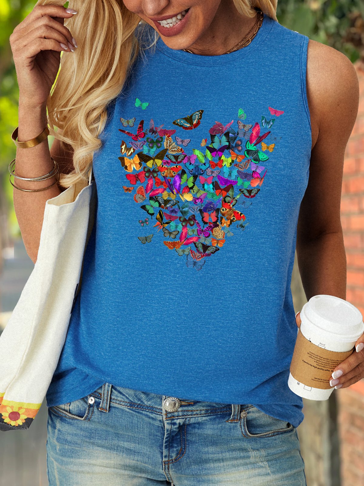 Women's Heart Butterfly Print Letters Crew Neck Casual Tank Top