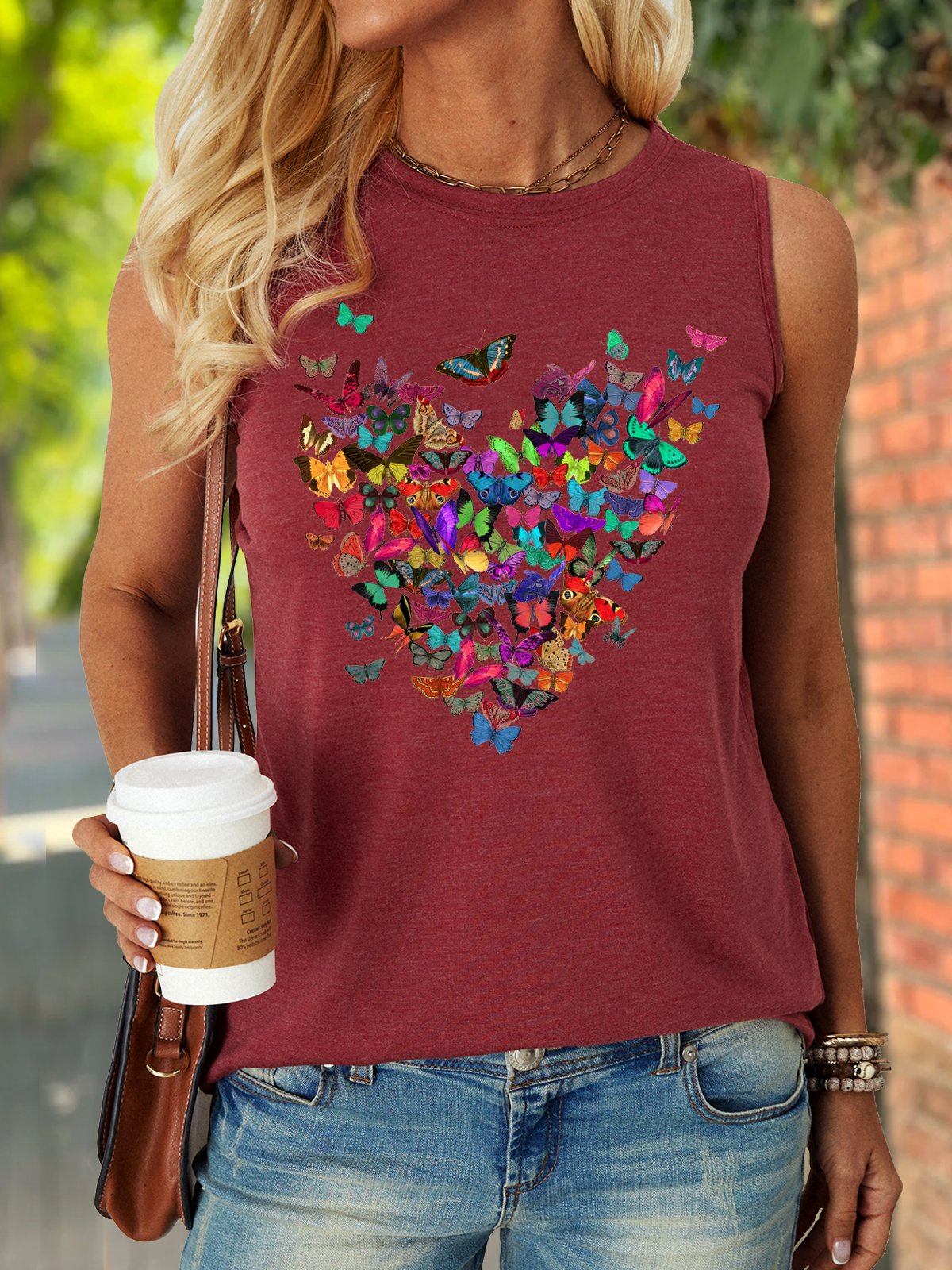 Women's Heart Butterfly Print Letters Crew Neck Casual Tank Top