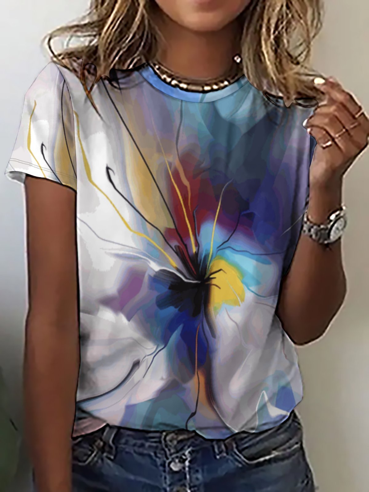 Women's Floral Random print Ombre Crew Neck Loose Casual T-Shirt