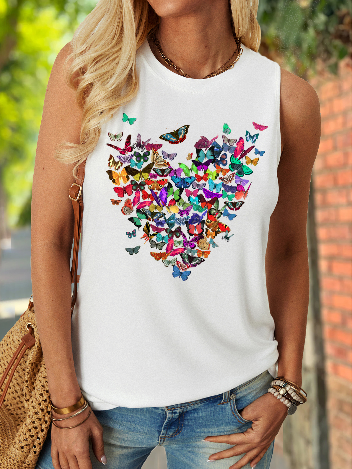 Women's Heart Butterfly Print Letters Crew Neck Casual Tank Top