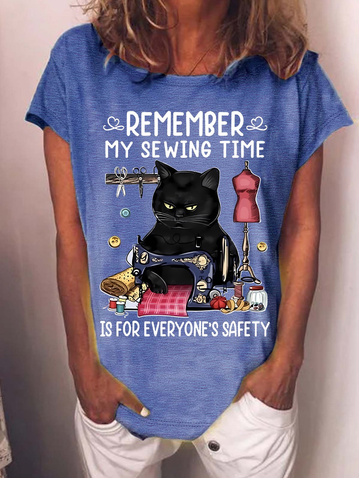 Women's Remember My Sewing Time Is For Everyone'S Safety Funny Cat Graphic Printing Loose Casual Text Letters Crew Neck T-Shirt