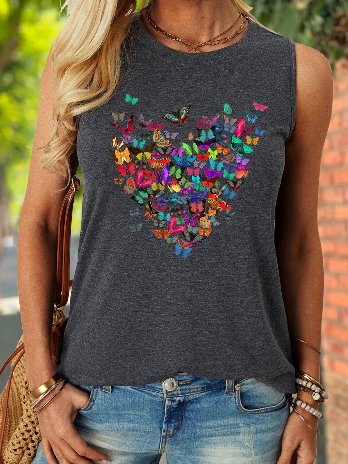 Women's Heart Butterfly Print Letters Crew Neck Casual Tank Top