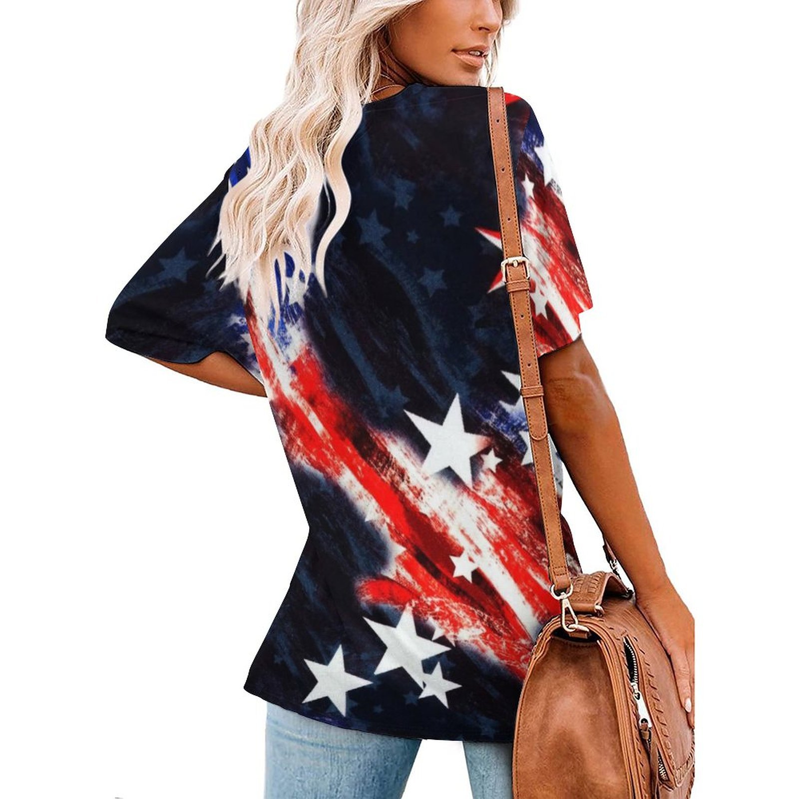 Womens American Flag Print Casual Regular Fit Plaid T-Shirt