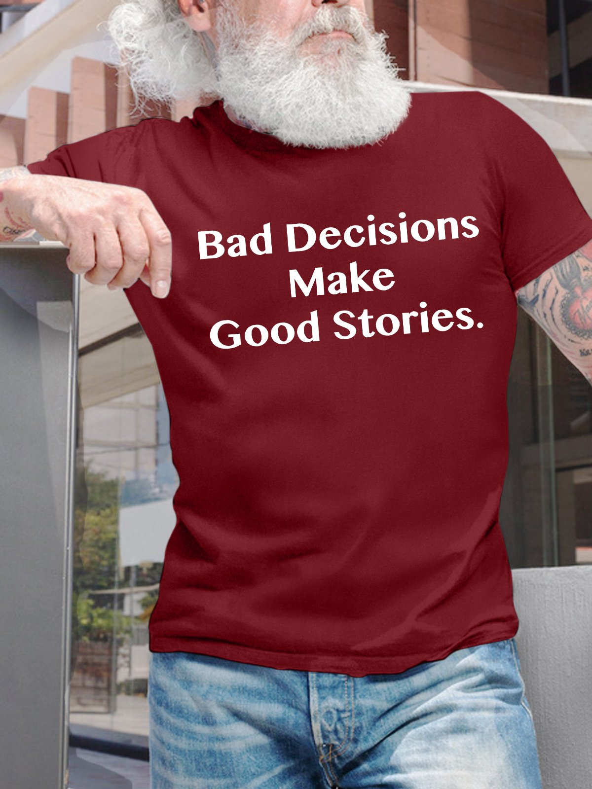 Men's Bad Decisions Make Good Stories Funny Graphic Printing Casual Cotton Text Letters Loose T-Shirt