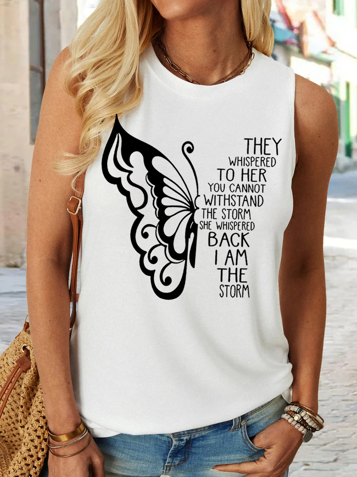 Women‘s They Whisper To Her Butterfly Print Casual Crew Neck Letters Tank Top