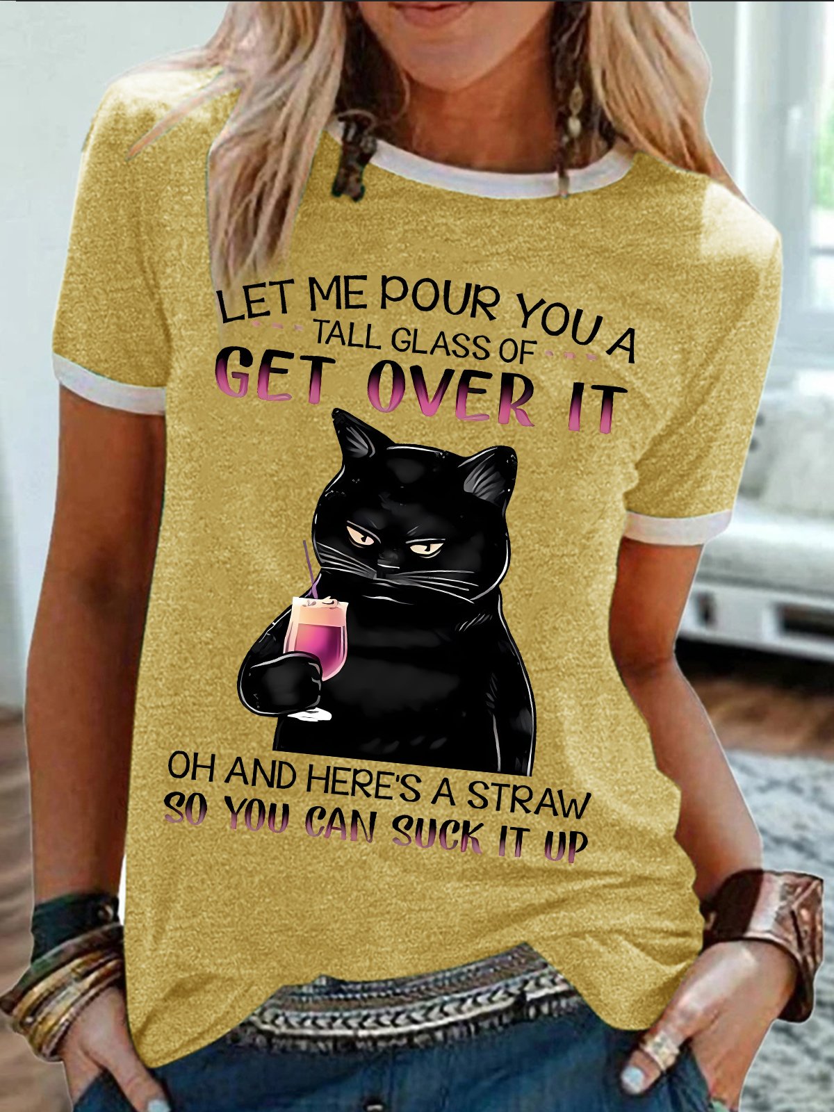 Women's Let Me Pour You A Tall Glass Of Get Over It Oh And Here'S A Straw So You Can Suck It Up Funny Graphic Printing Casual Regular Fit Crew Neck Cotton-Blend T-Shirt