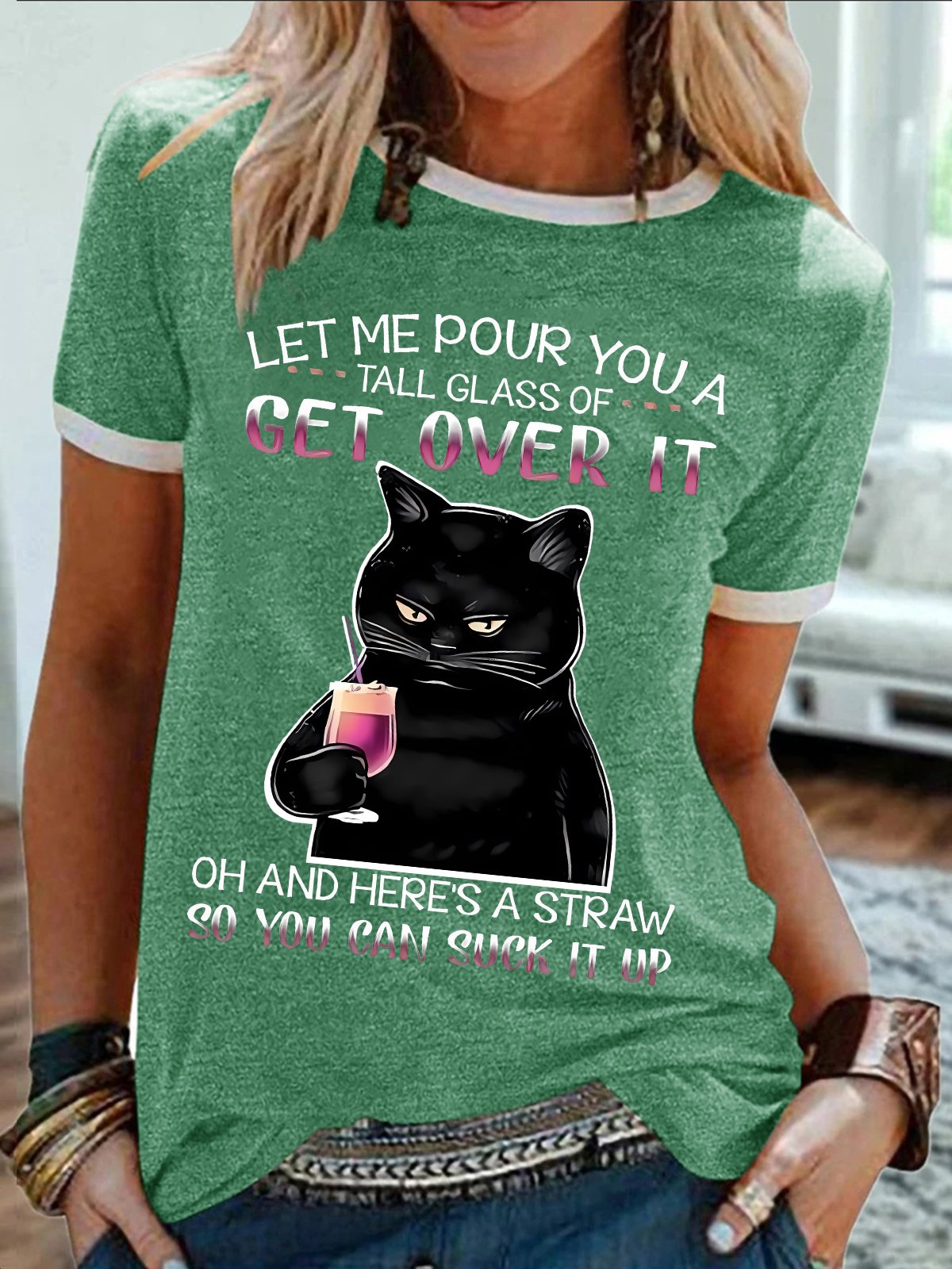 Women's Let Me Pour You A Tall Glass Of Get Over It Oh And Here'S A Straw So You Can Suck It Up Funny Graphic Printing Casual Regular Fit Crew Neck Cotton-Blend T-Shirt