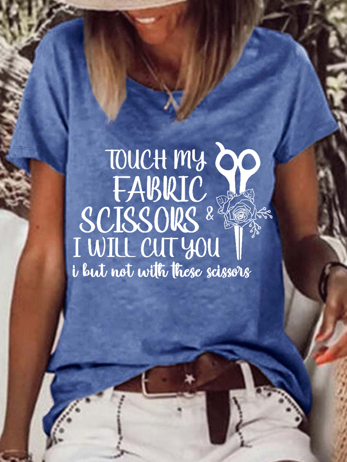 Women’s Funny Sewing Touch My Fabric Scissors Loose Text Letters Casual Cotton T-Shirt