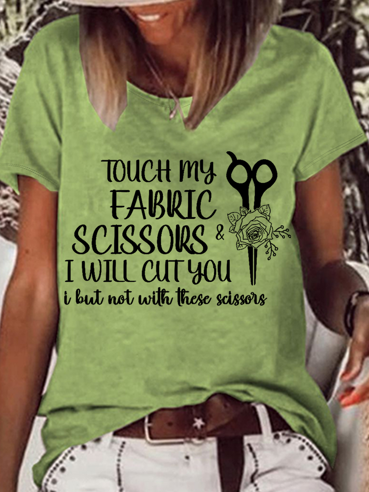 Women’s Funny Sewing Touch My Fabric Scissors Loose Text Letters Casual Cotton T-Shirt