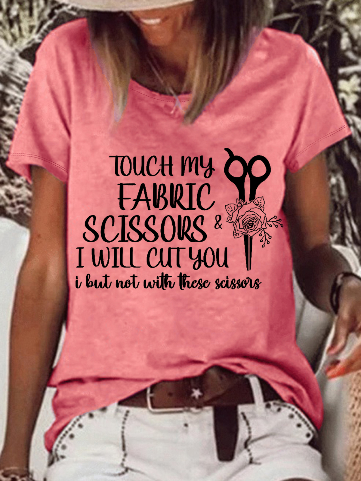 Women’s Funny Sewing Touch My Fabric Scissors Loose Text Letters Casual Cotton T-Shirt