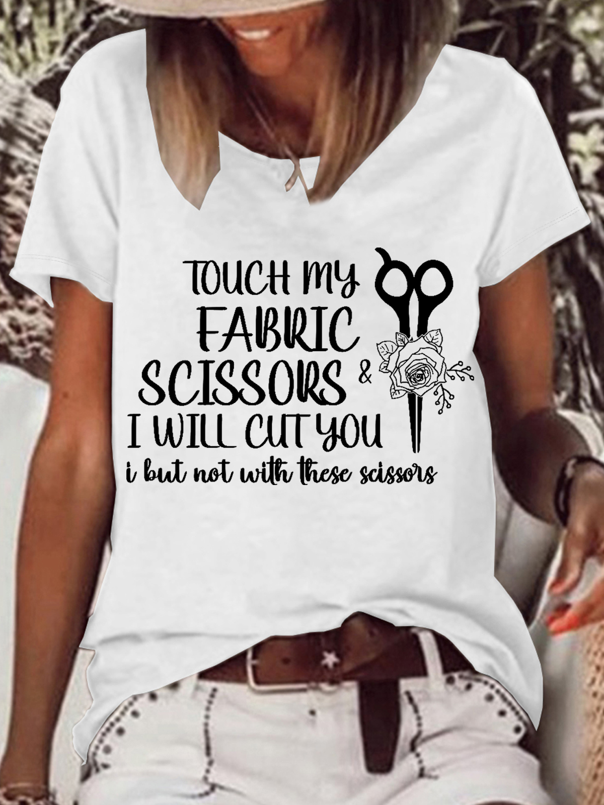 Women’s Funny Sewing Touch My Fabric Scissors Loose Text Letters Casual Cotton T-Shirt