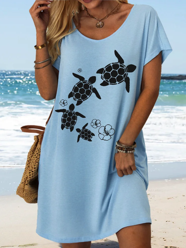 Women' Cute Sea Turtle V Neck Casual Loose Dress