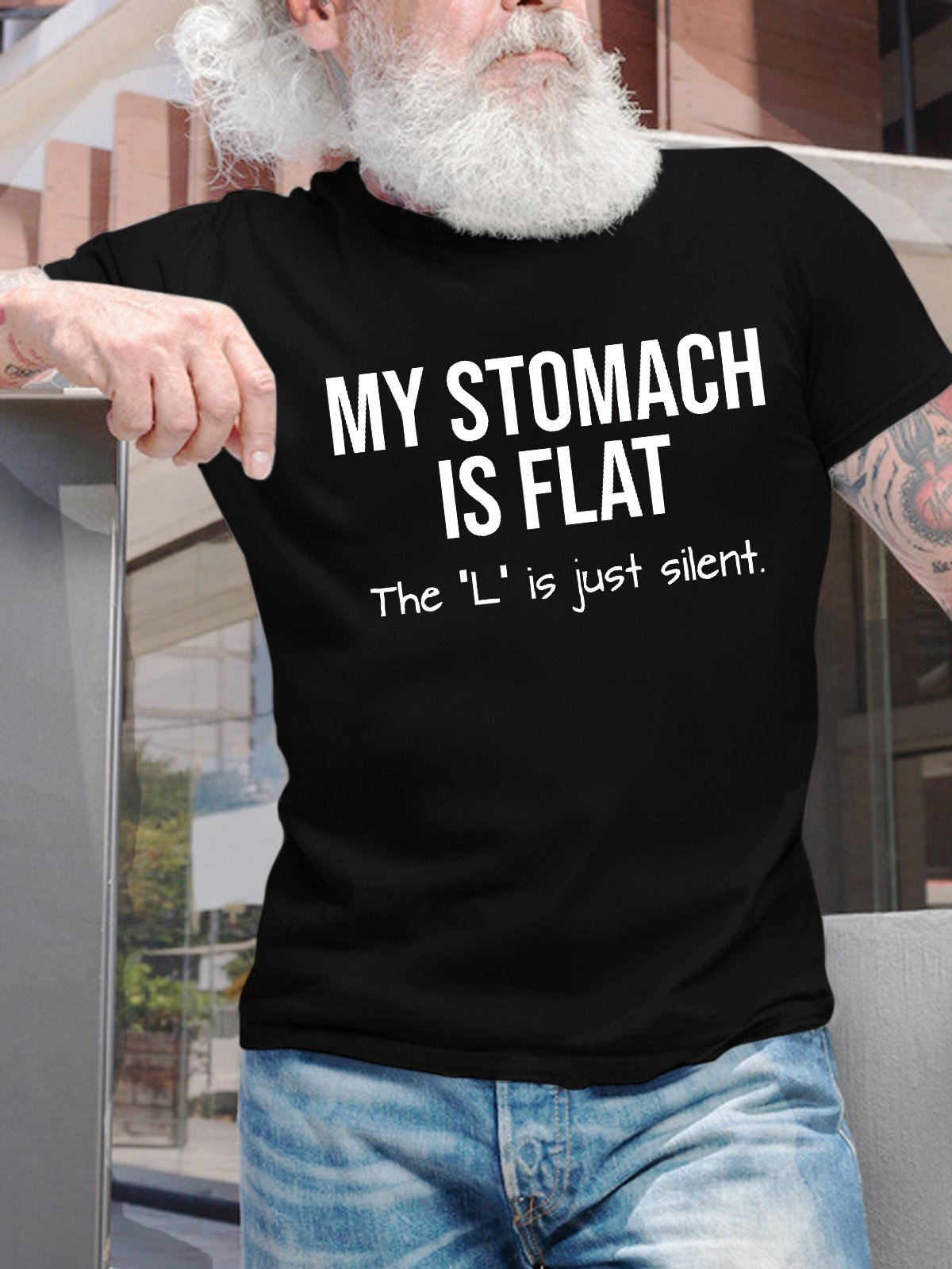 Men's My Stomach Is Flat The L Is Just Silent Funny Graphic Printing Text Letters Loose Casual Cotton T-Shirt