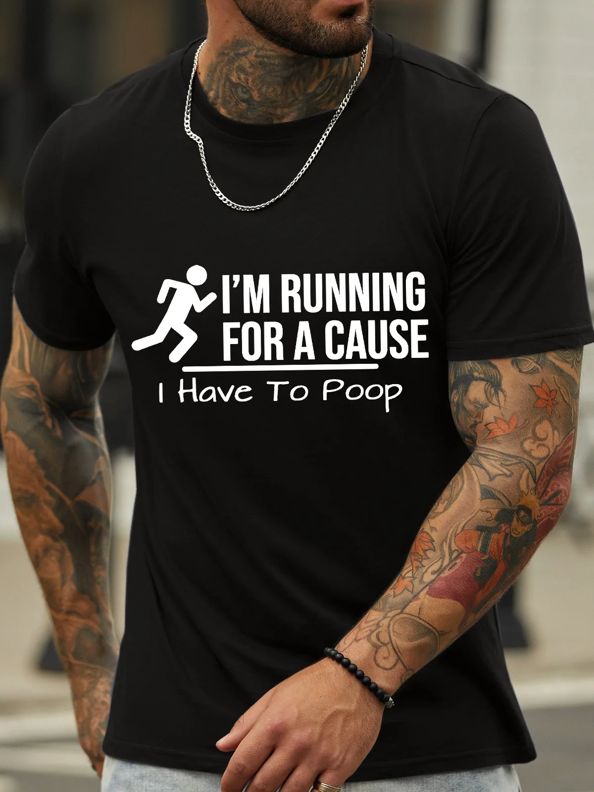 Men’s I’m Running For A Cause I Have To Poop Text Letters Crew Neck Cotton Casual T-Shirt