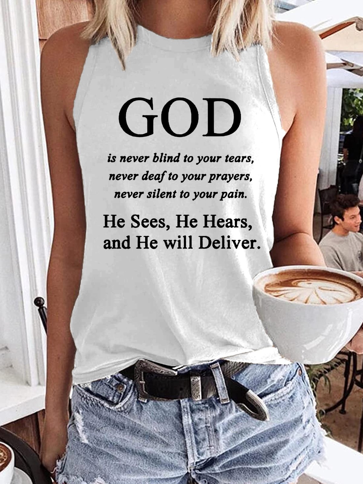 Women‘s Jesus Faith God Religious God is never blind to your tears Letter Print Casual Tank Top