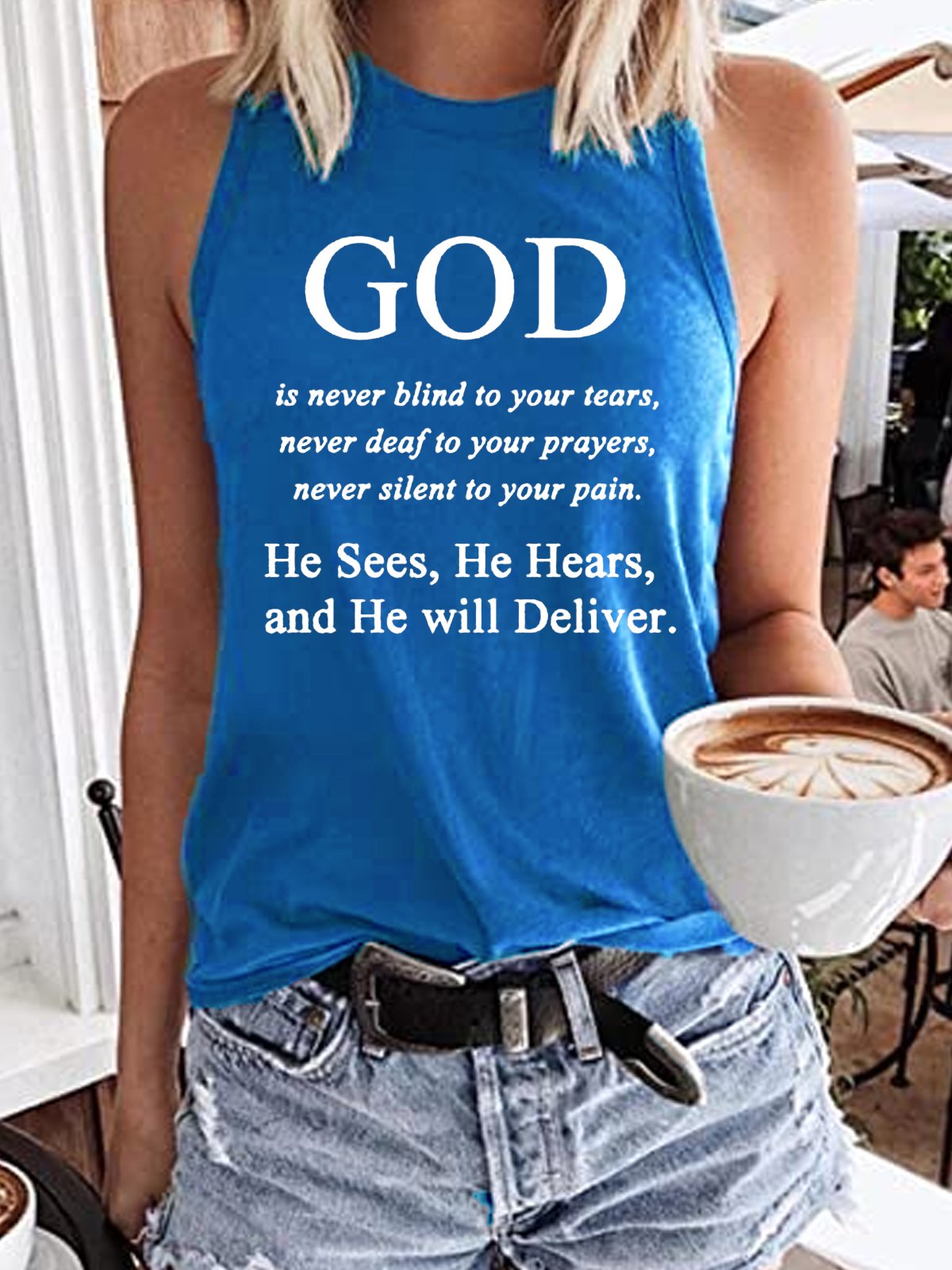 Women‘s Jesus Faith God Religious God is never blind to your tears Letter Print Casual Tank Top