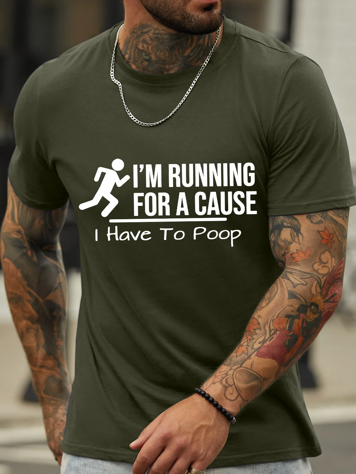 Men’s I’m Running For A Cause I Have To Poop Text Letters Crew Neck Cotton Casual T-Shirt