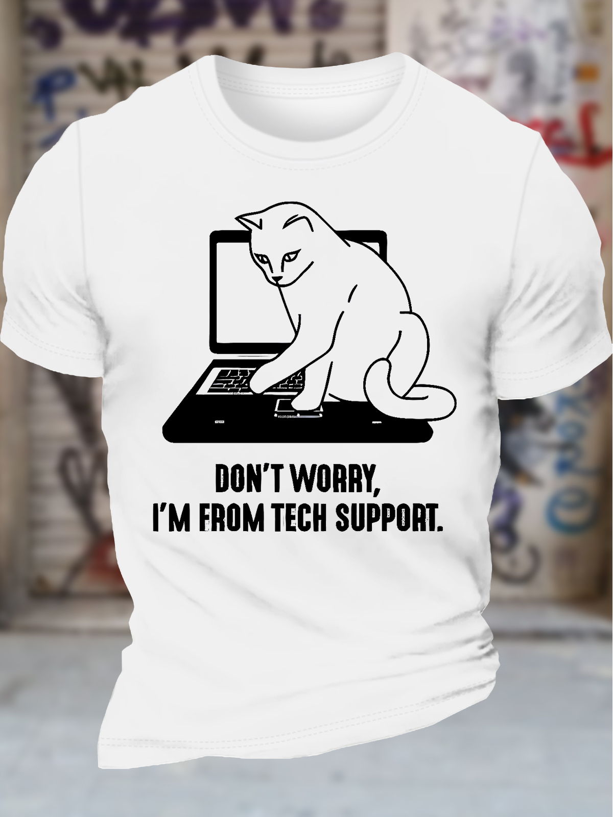 Men's Don't Worry I'm From Tech Support Funny Cat Graphic Printing Text Letters Cotton Crew Neck Casual T-Shirt