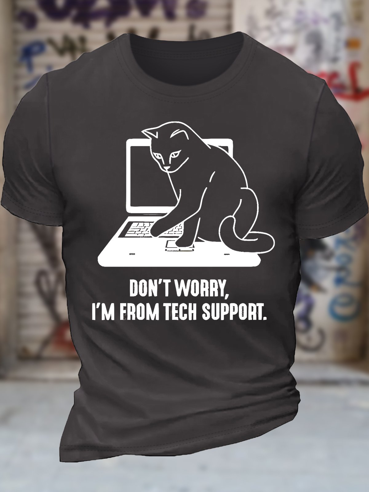 Men's Don't Worry I'm From Tech Support Funny Cat Graphic Printing Text Letters Cotton Crew Neck Casual T-Shirt