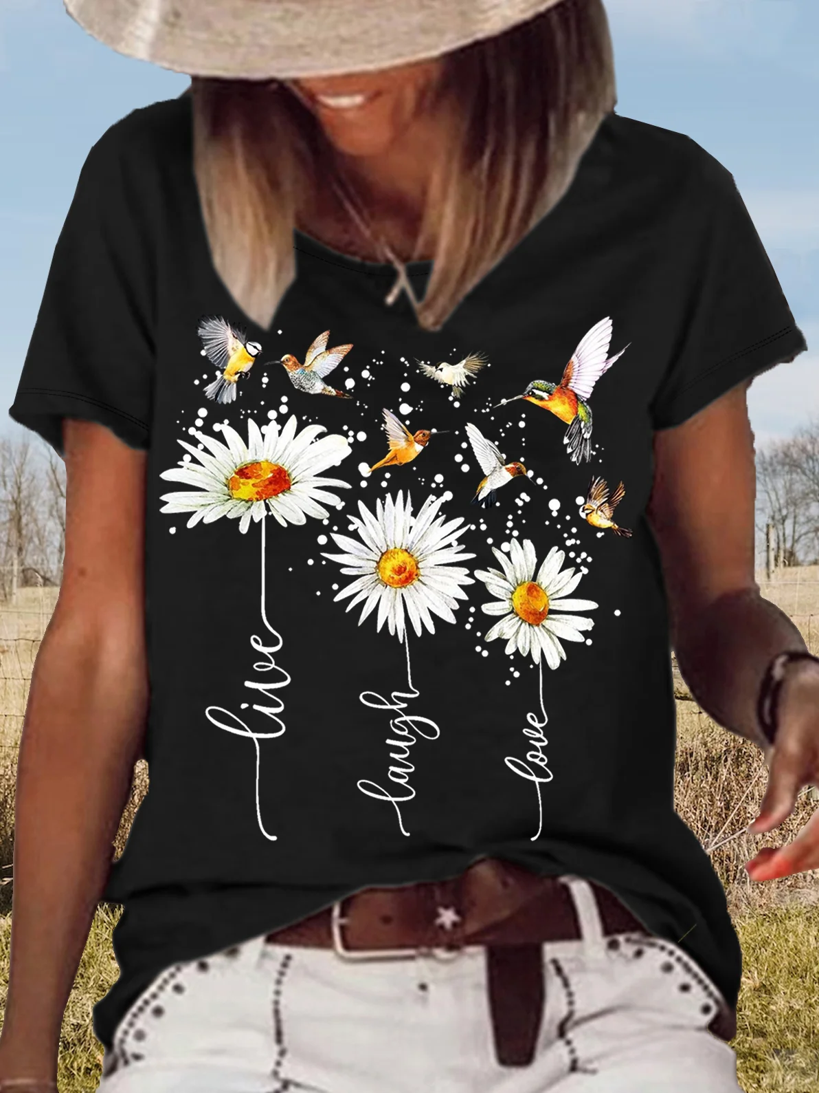 Women's Casual Daisy Live Laugh Love Bird Print Letters Crew Neck T-Shirt