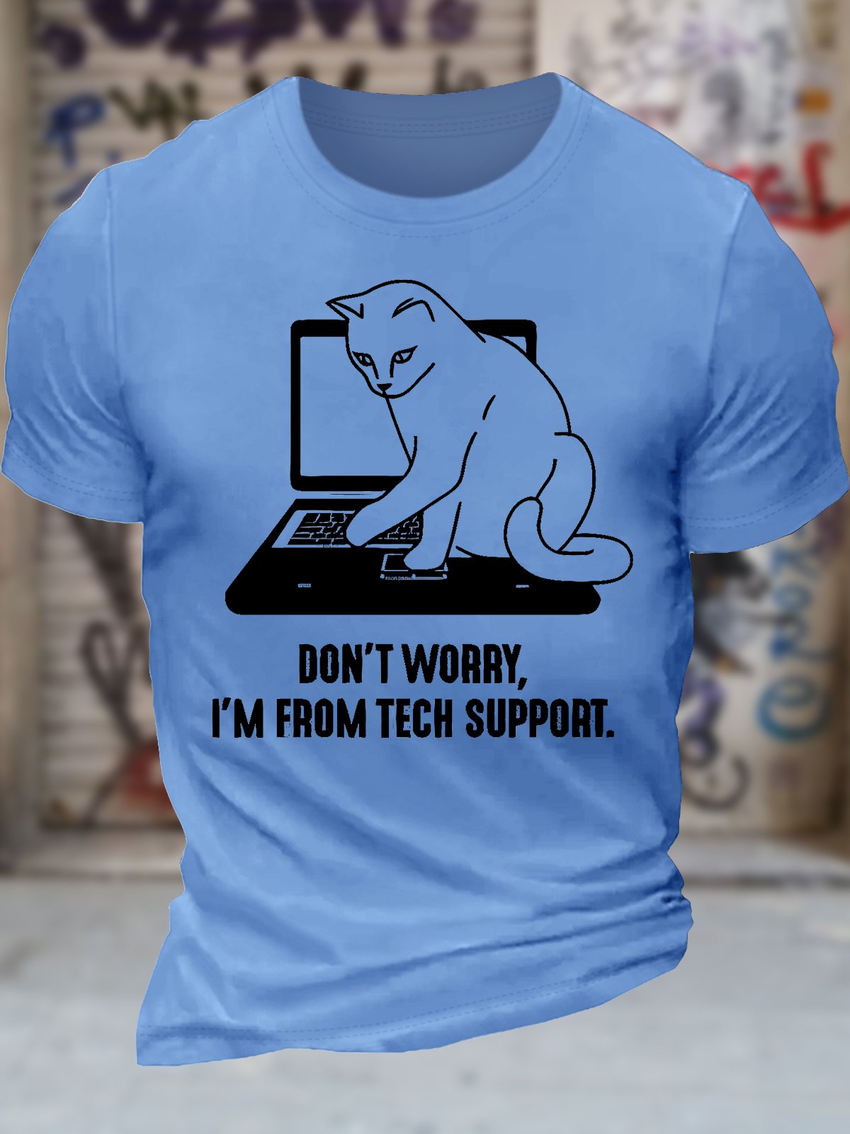 Men's Don't Worry I'm From Tech Support Funny Cat Graphic Printing Text Letters Cotton Crew Neck Casual T-Shirt