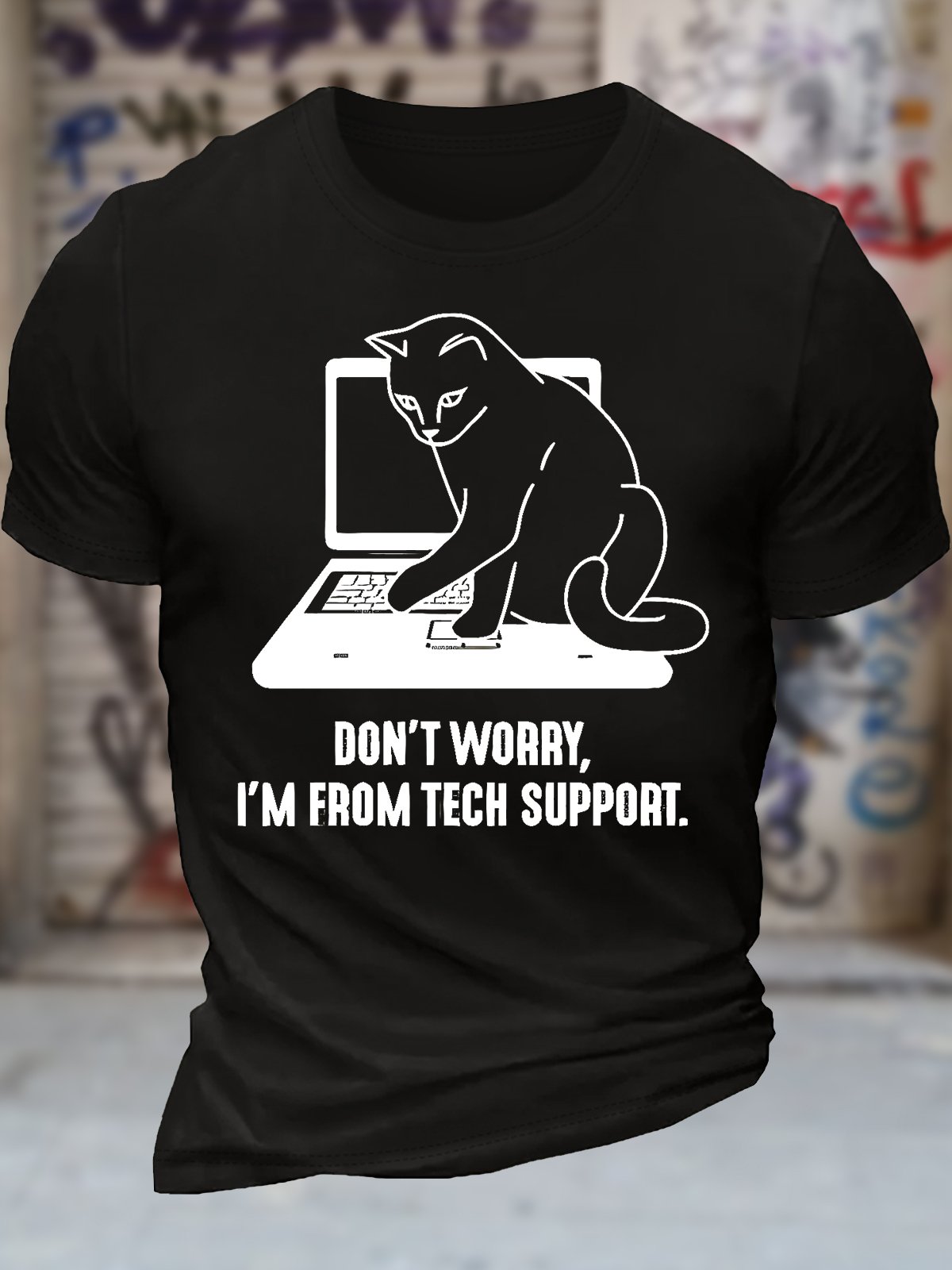 Men's Don't Worry I'm From Tech Support Funny Cat Graphic Printing Text Letters Cotton Crew Neck Casual T-Shirt