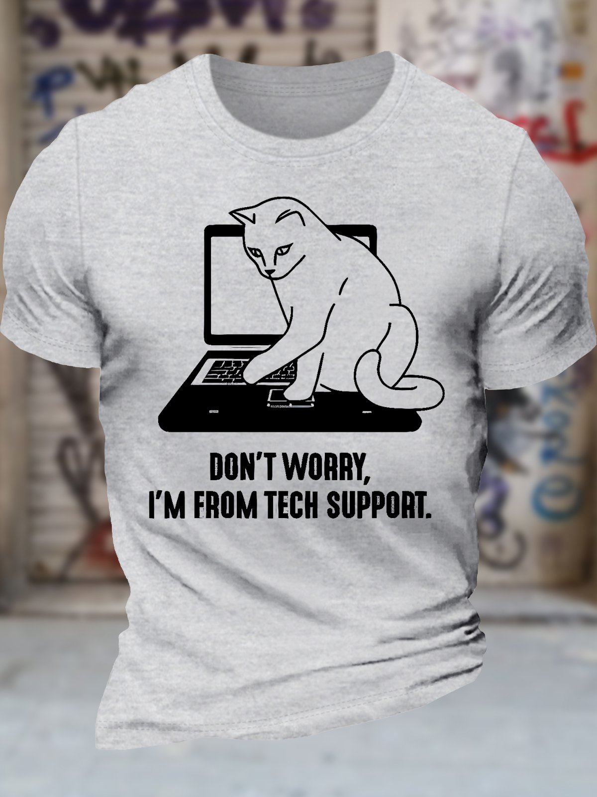 Men's Don't Worry I'm From Tech Support Funny Cat Graphic Printing Text Letters Cotton Crew Neck Casual T-Shirt