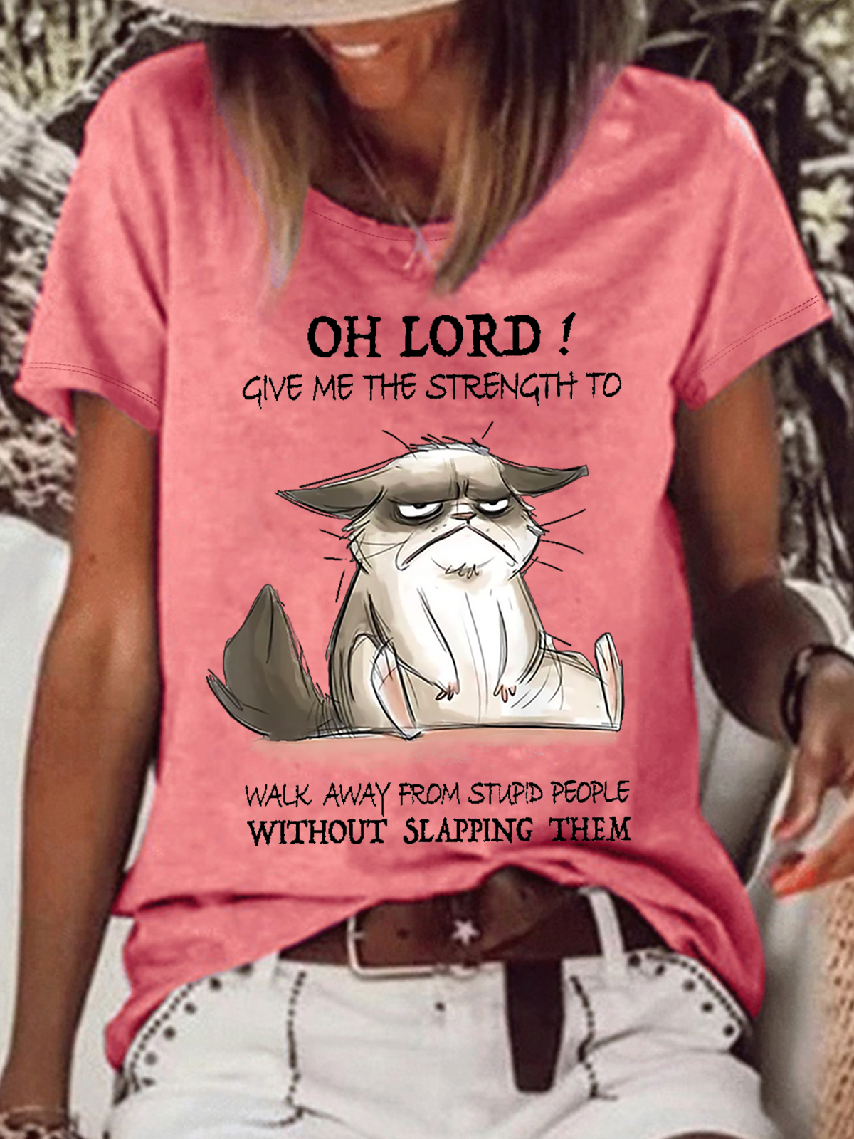 Women's Funny Cat Oh Lord Give Me The Strength To Walk Away From Stupid People Without Slapping Them Casual T-Shirt