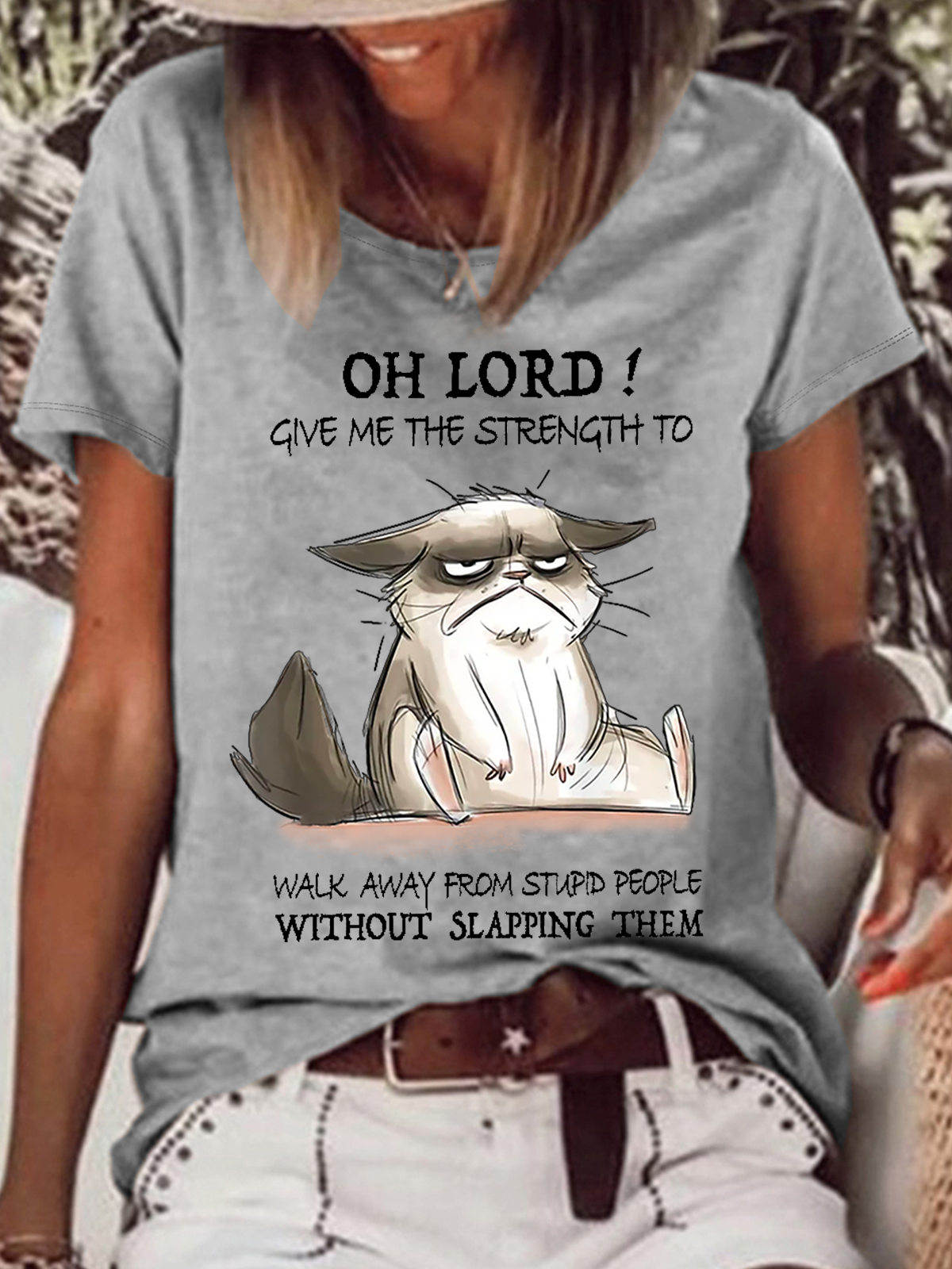 Women's Funny Cat Oh Lord Give Me The Strength To Walk Away From Stupid People Without Slapping Them Casual T-Shirt