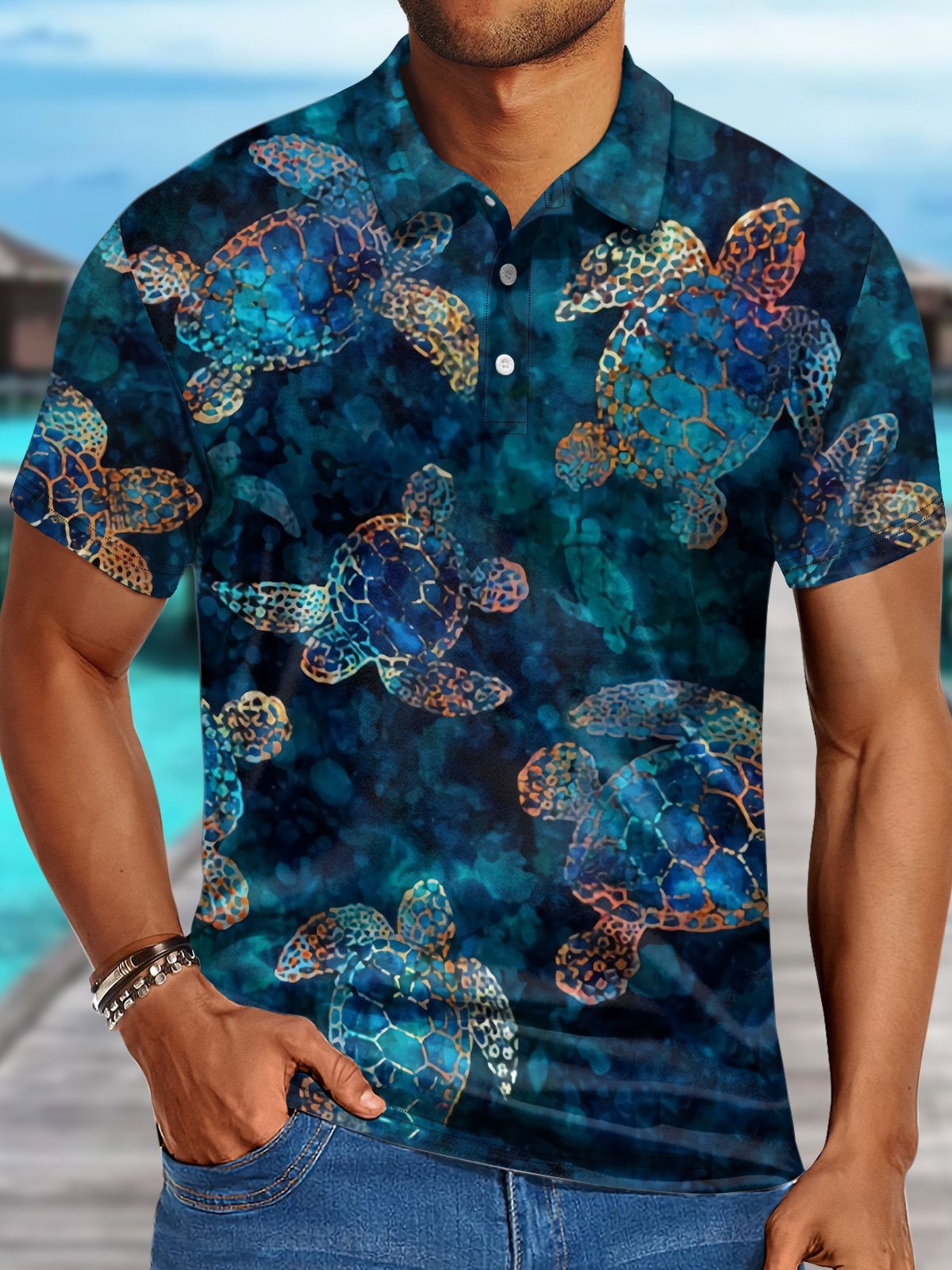 Men's Sea Turtle Print Polo Collar Regular Fit Urban Polo Shirt