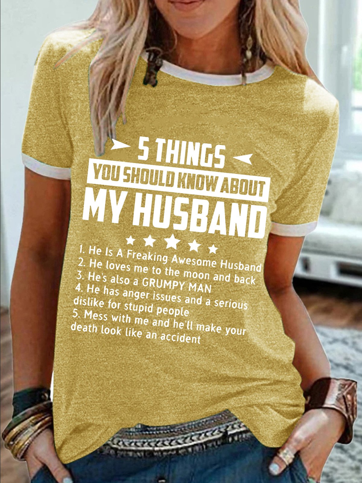 Women’s 5 Things You Should Know About My Husband Cotton-Blend Casual Crew Neck T-Shirt