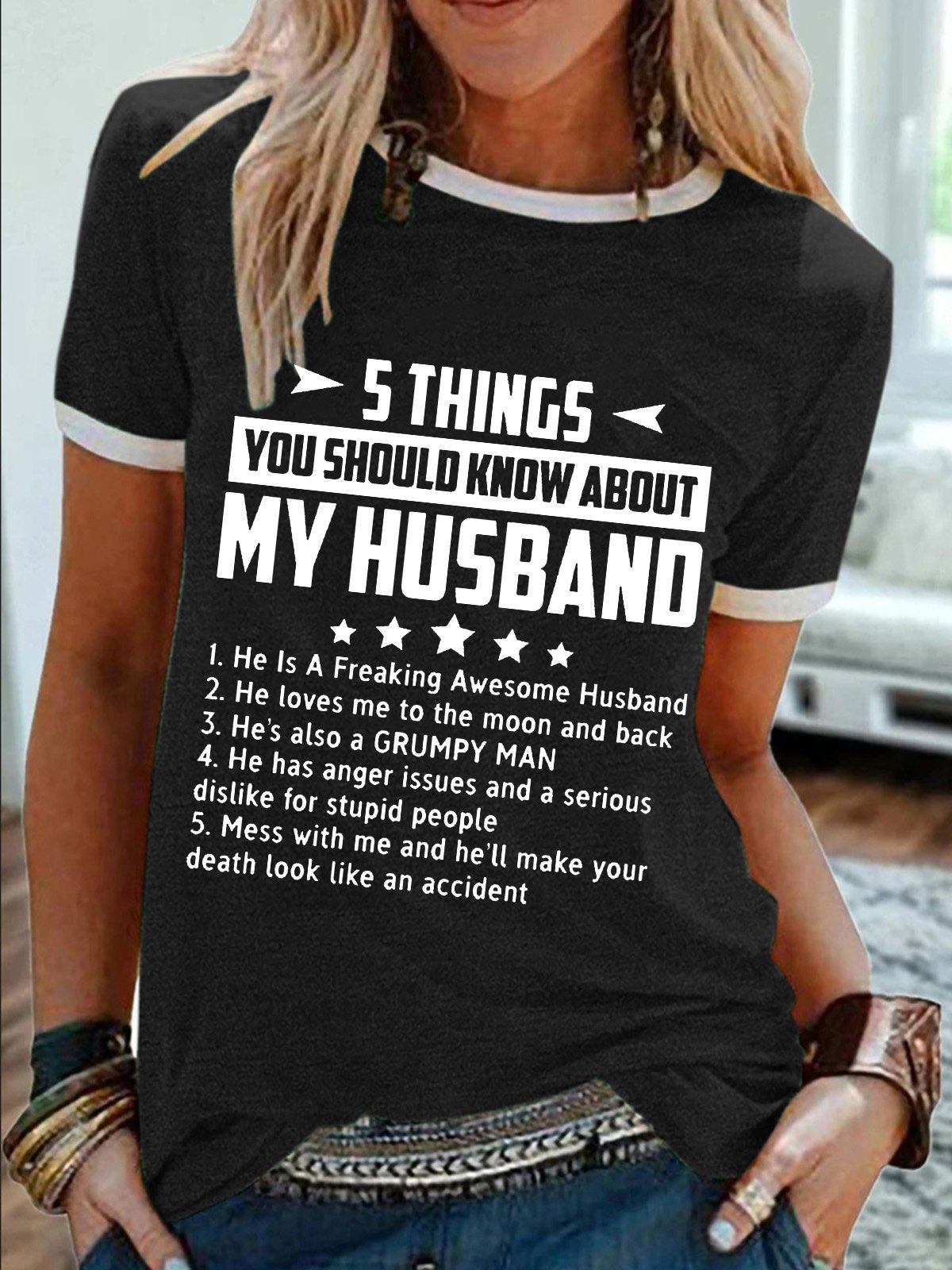 Women’s 5 Things You Should Know About My Husband Cotton-Blend Casual Crew Neck T-Shirt