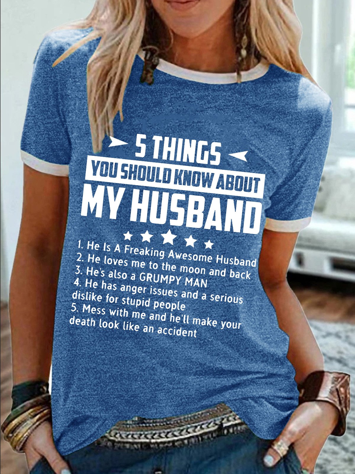 Women’s 5 Things You Should Know About My Husband Cotton-Blend Casual Crew Neck T-Shirt