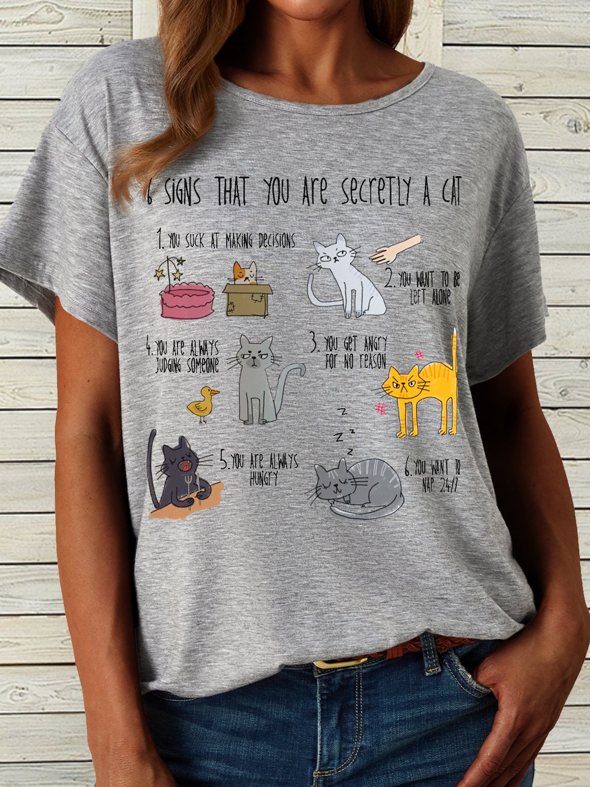 Women's Six signs that you are secretly a cat crazy cat lady Letters Casual T-Shirt