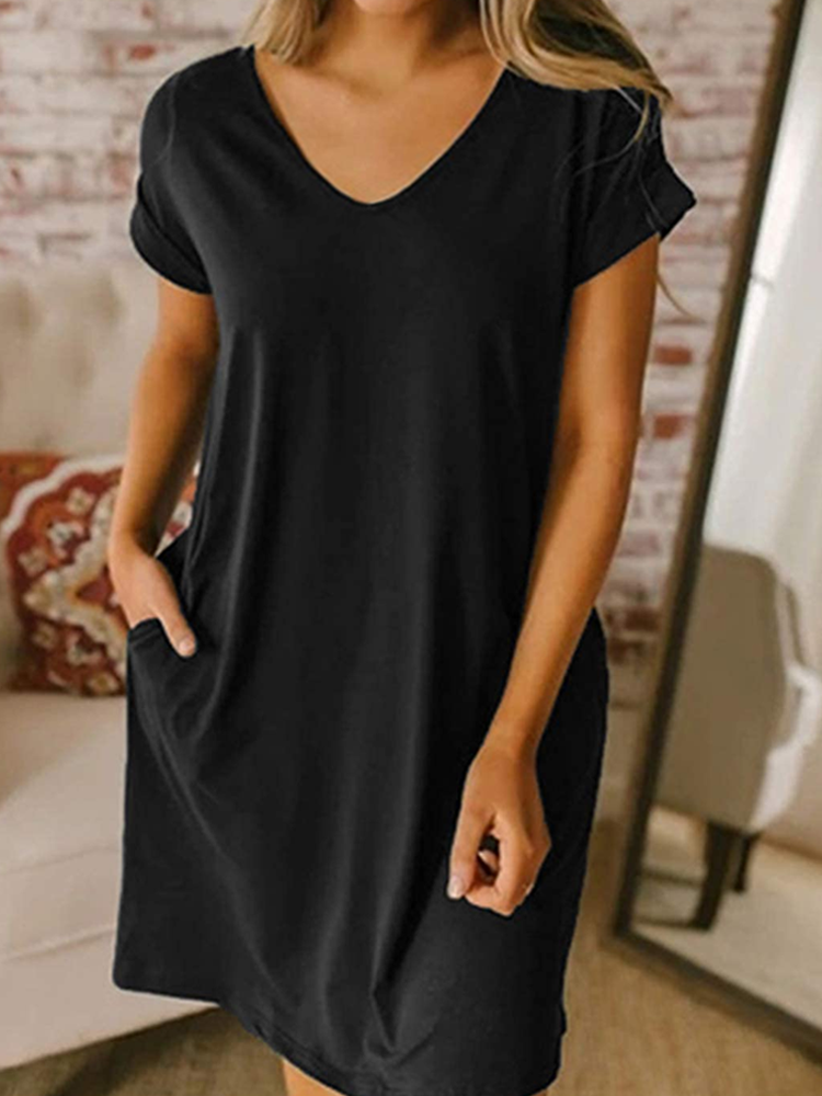 Women’s Plain Casual Loose V Neck Dress