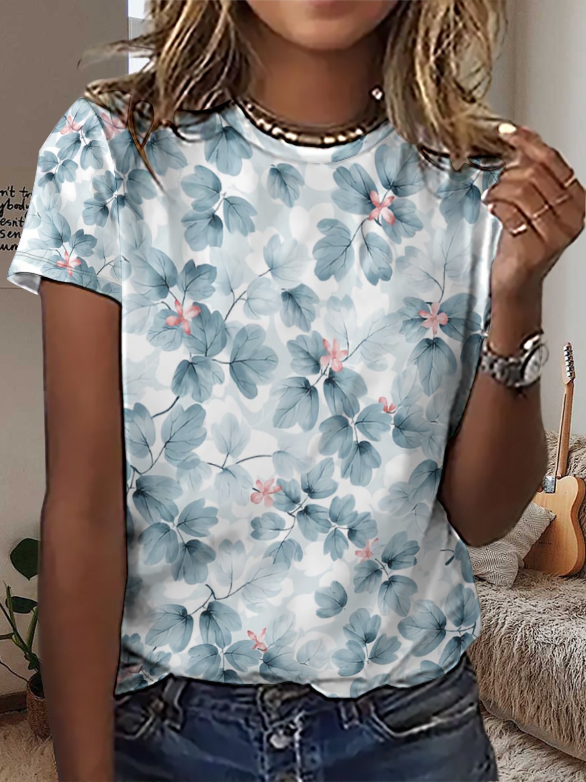 Women's Floral Print Crew Neck Casual T-Shirt