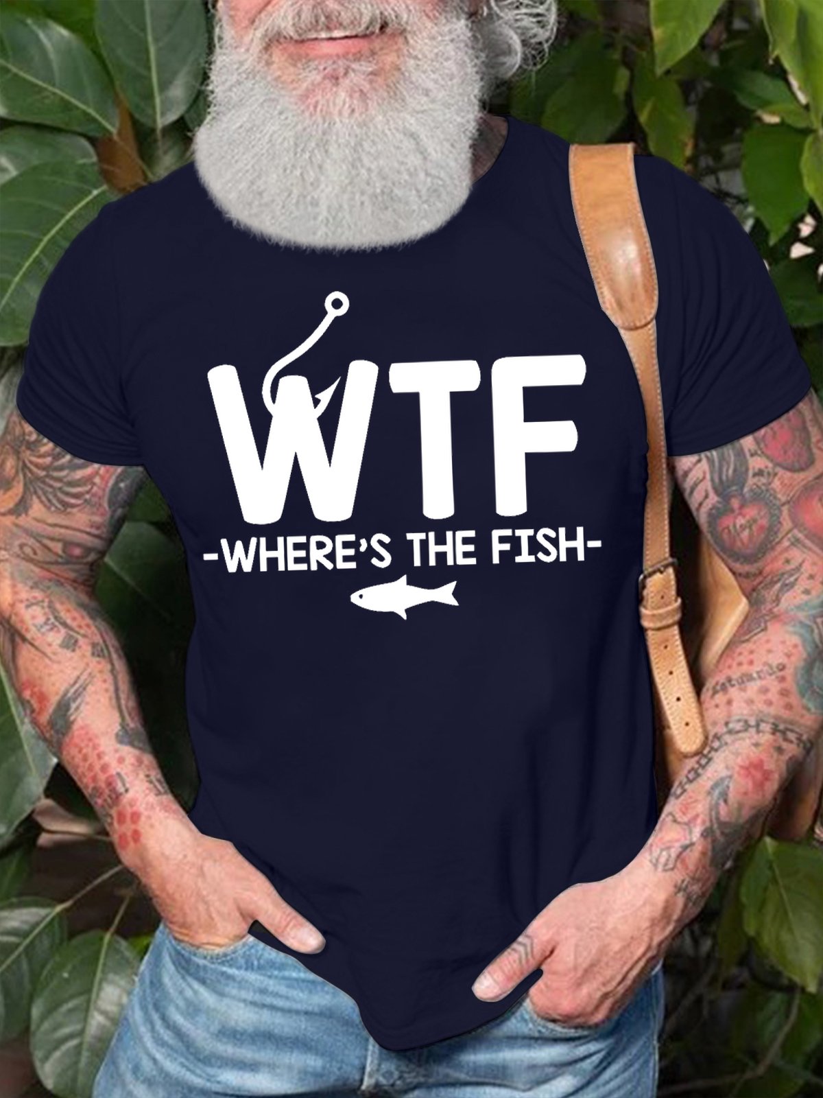 Men's WTF Where's The Fish Funny Graphic Printing Cotton Crew Neck Loose Casual T-Shirt