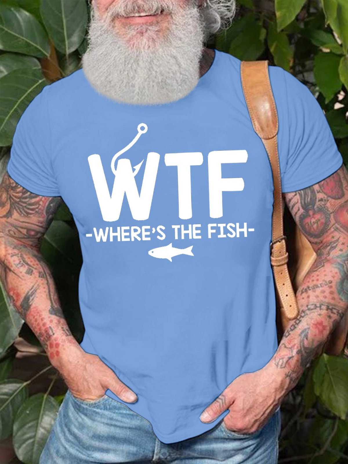 Men's WTF Where's The Fish Funny Graphic Printing Cotton Crew Neck Loose Casual T-Shirt