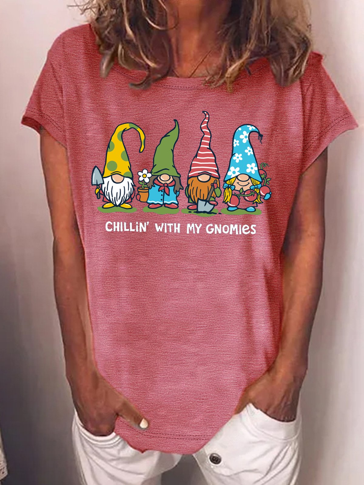 Women's Garden Gnomies Print Casual Loose T-Shirt