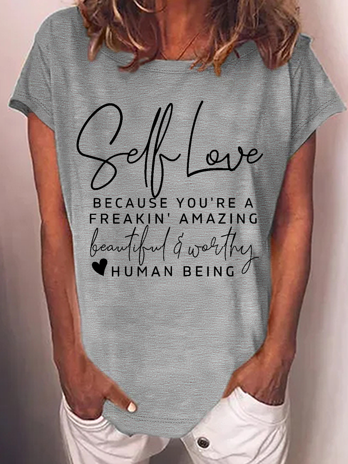 Women's Positive Self Love Casual Loose Crew Neck Cotton-Blend T-Shirt