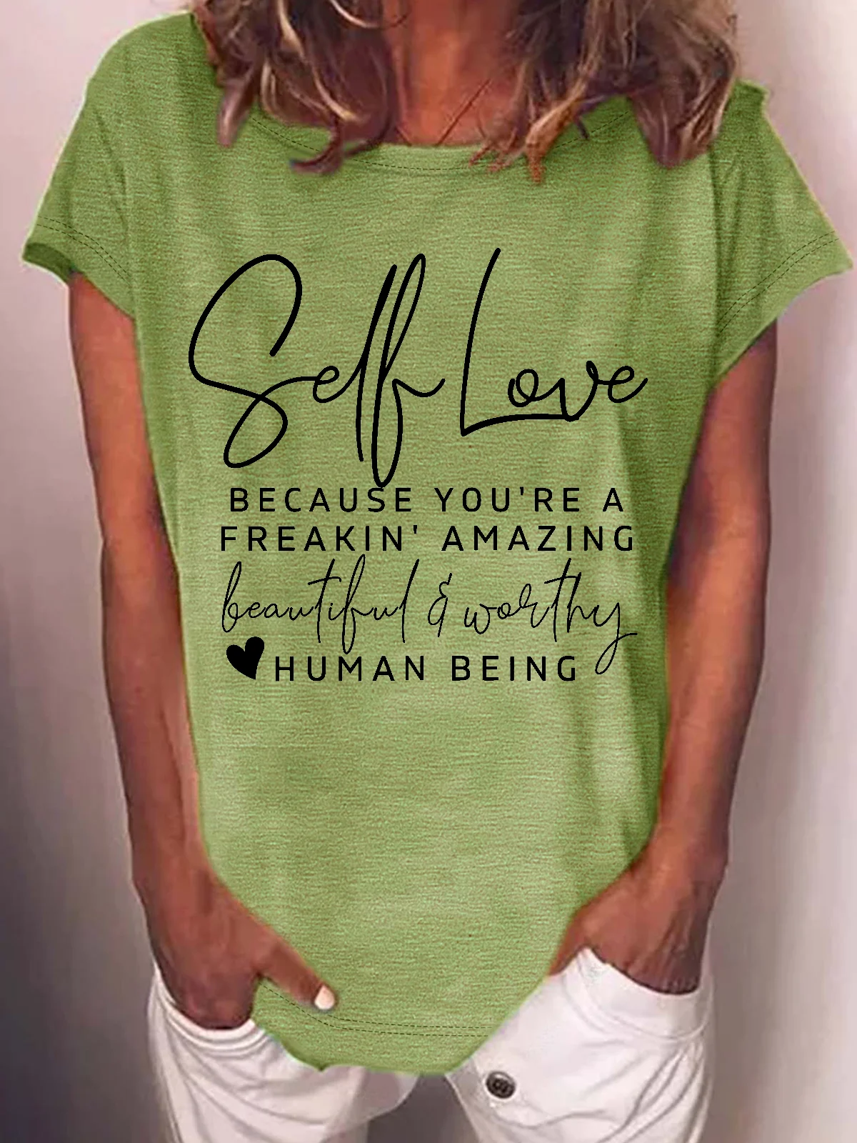 Women's Positive Self Love Casual Loose Crew Neck Cotton-Blend T-Shirt