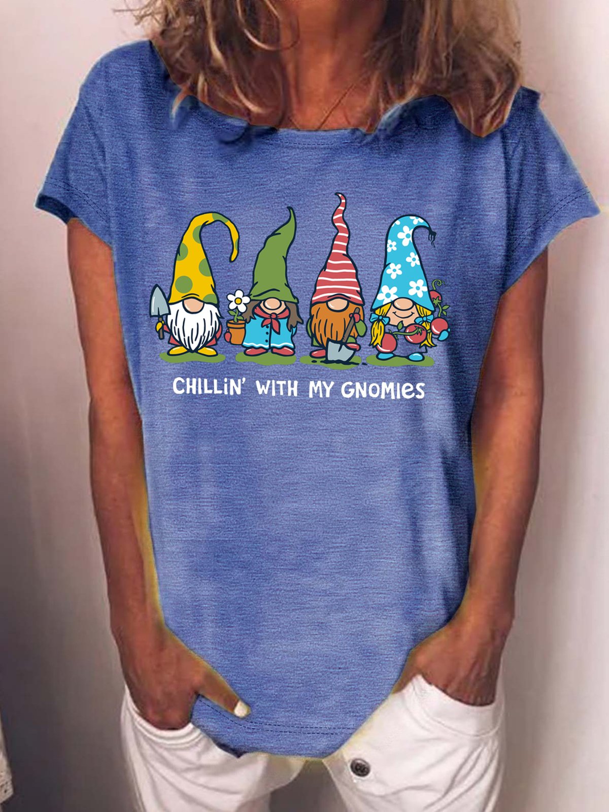 Women's Garden Gnomies Print Casual Loose T-Shirt