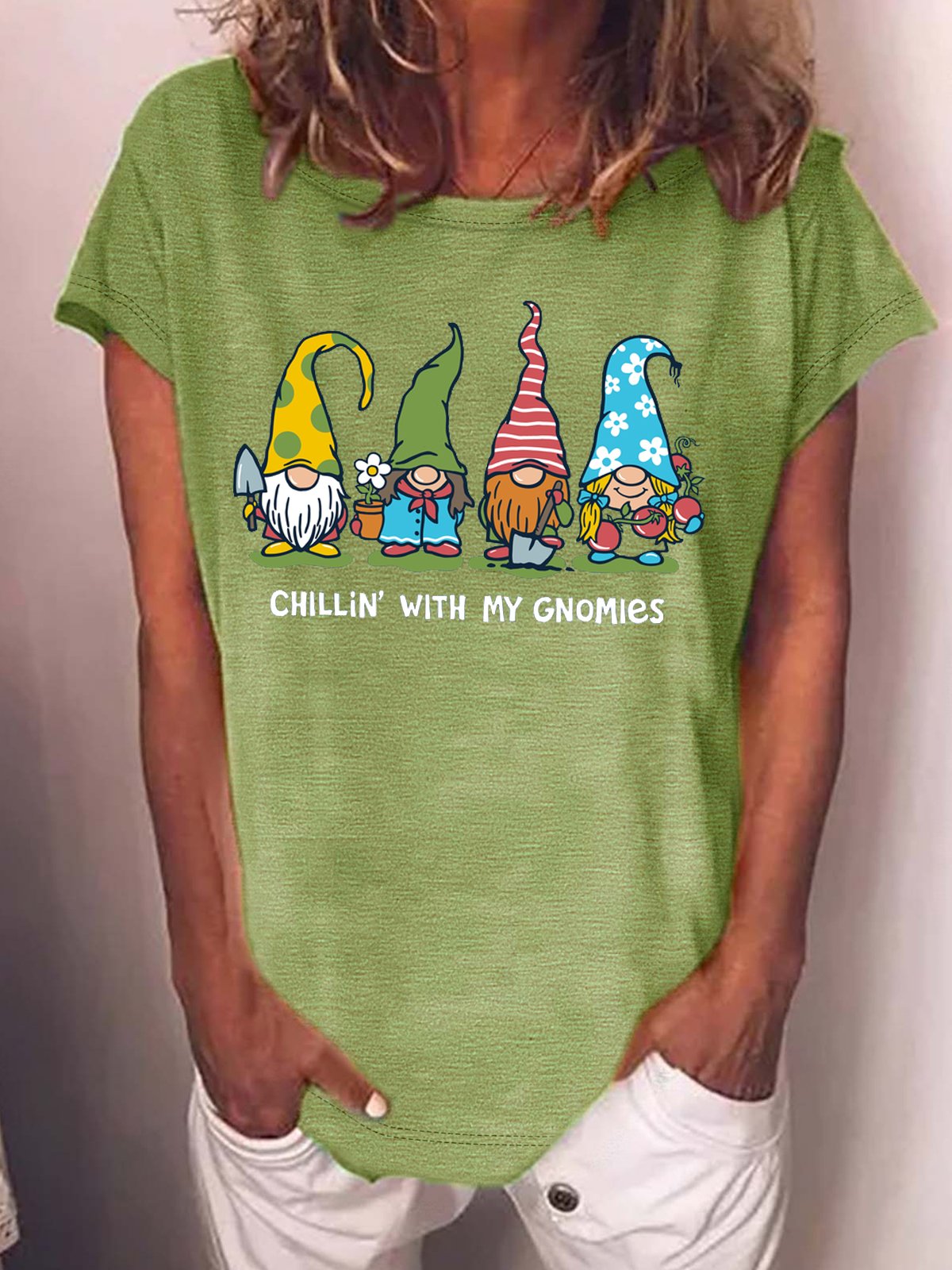 Women's Garden Gnomies Print Casual Loose T-Shirt