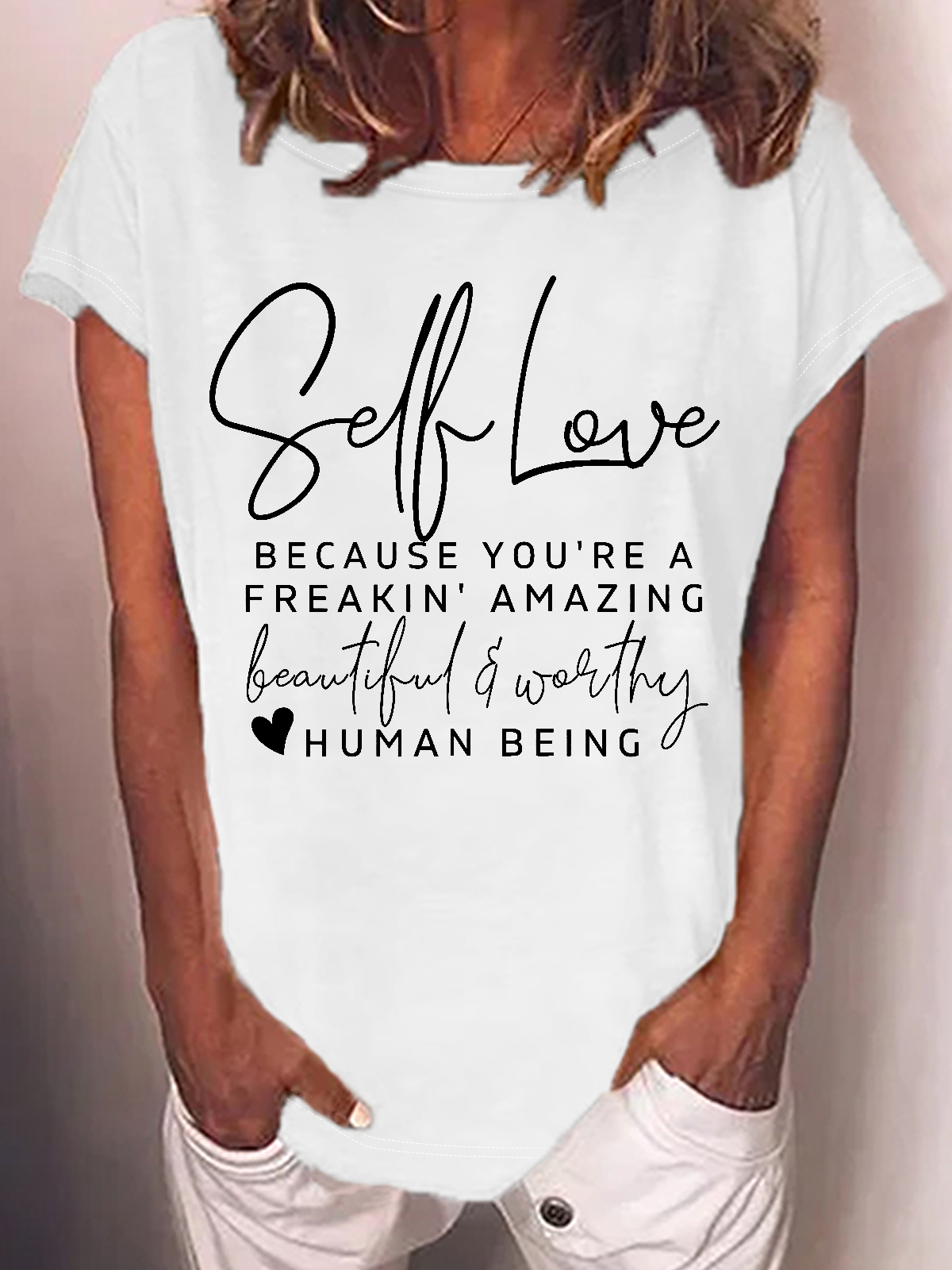 Women's Positive Self Love Casual Loose Crew Neck Cotton-Blend T-Shirt