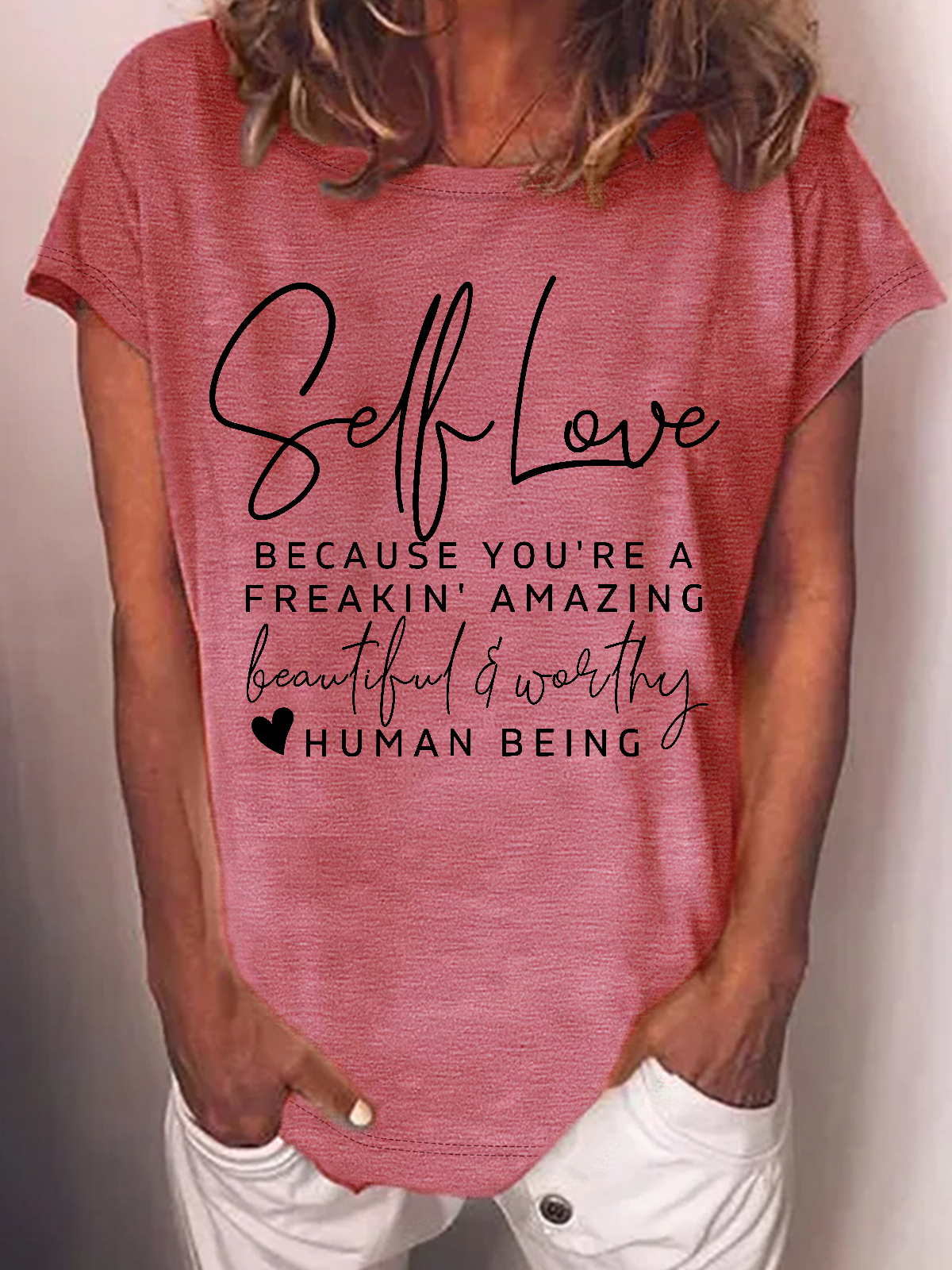 Women's Positive Self Love Casual Loose Crew Neck Cotton-Blend T-Shirt