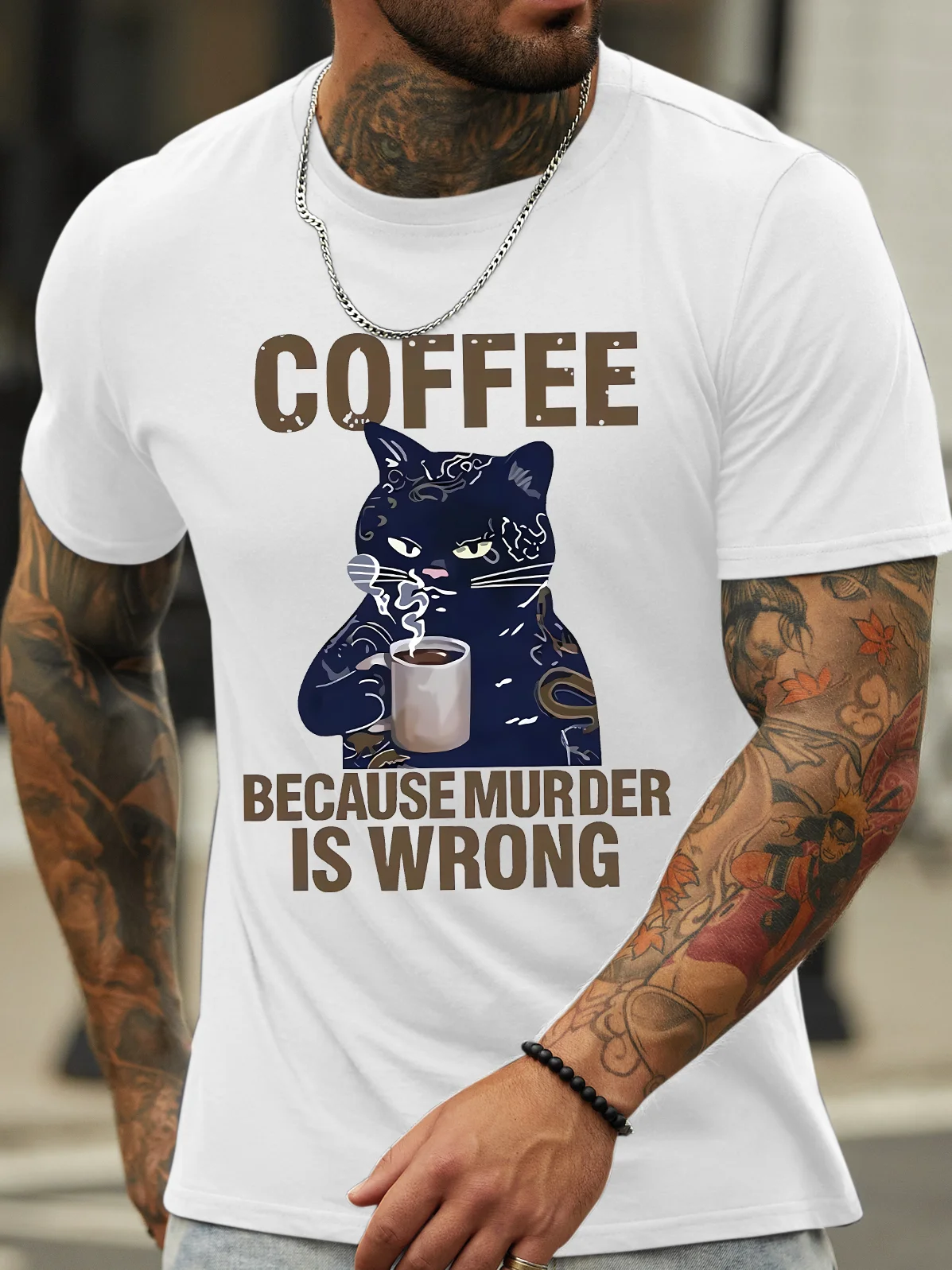 Men's Coffee Because Murder Is Wrong Funny Black Cat Graphic Printing Crew Neck Casual Text Letters Cotton T-Shirt