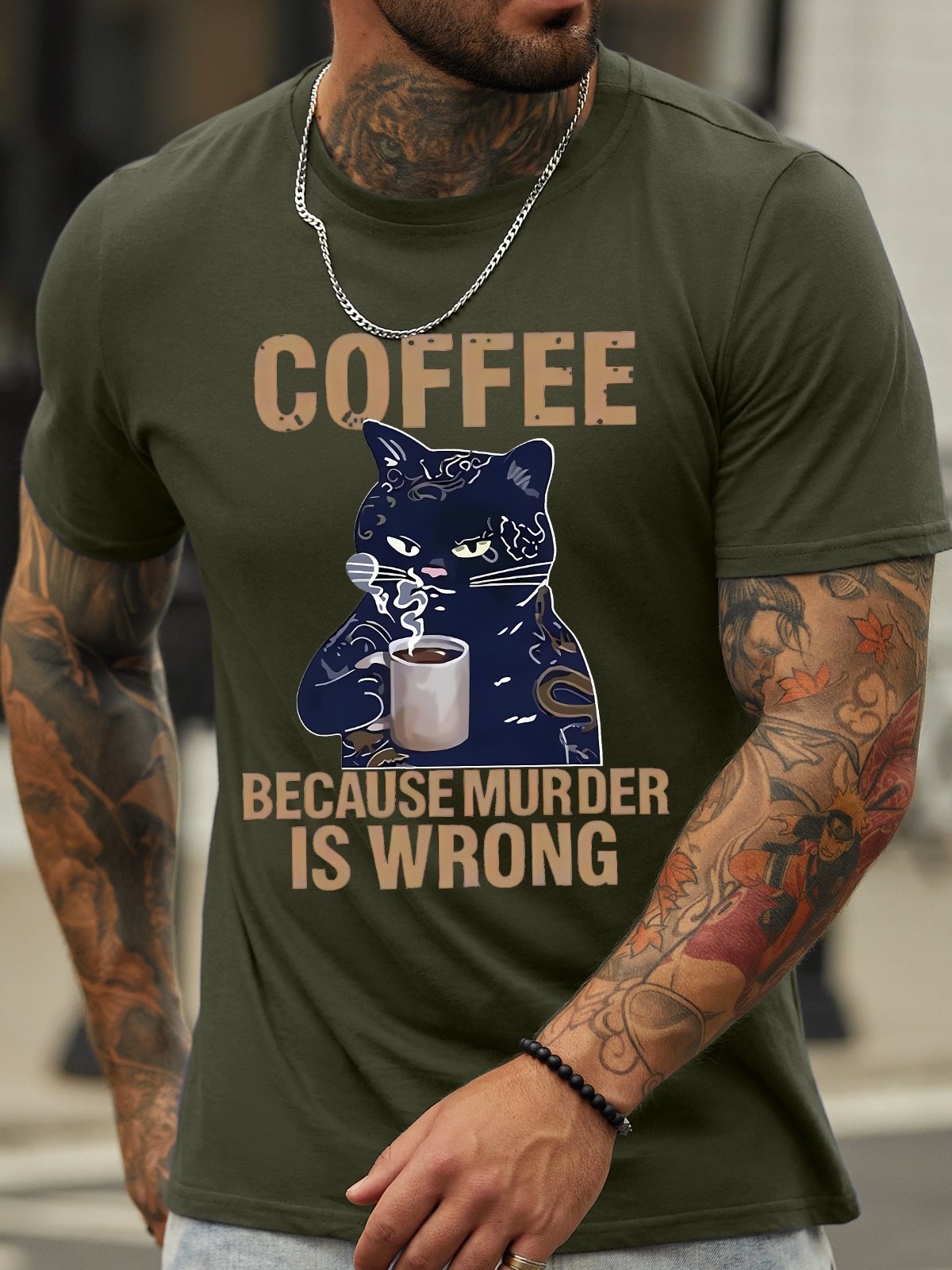 Men's Coffee Because Murder Is Wrong Funny Black Cat Graphic Printing Crew Neck Casual Text Letters Cotton T-Shirt