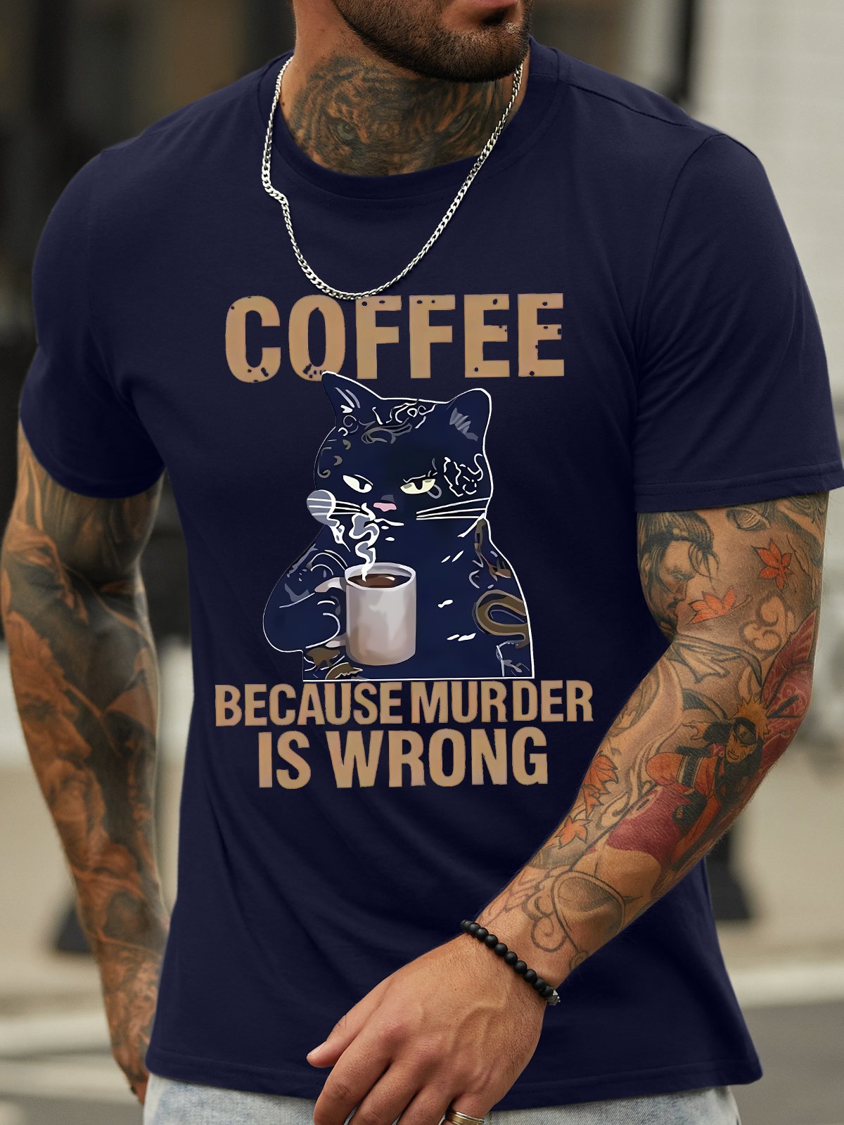 Men's Coffee Because Murder Is Wrong Funny Black Cat Graphic Printing Crew Neck Casual Text Letters Cotton T-Shirt