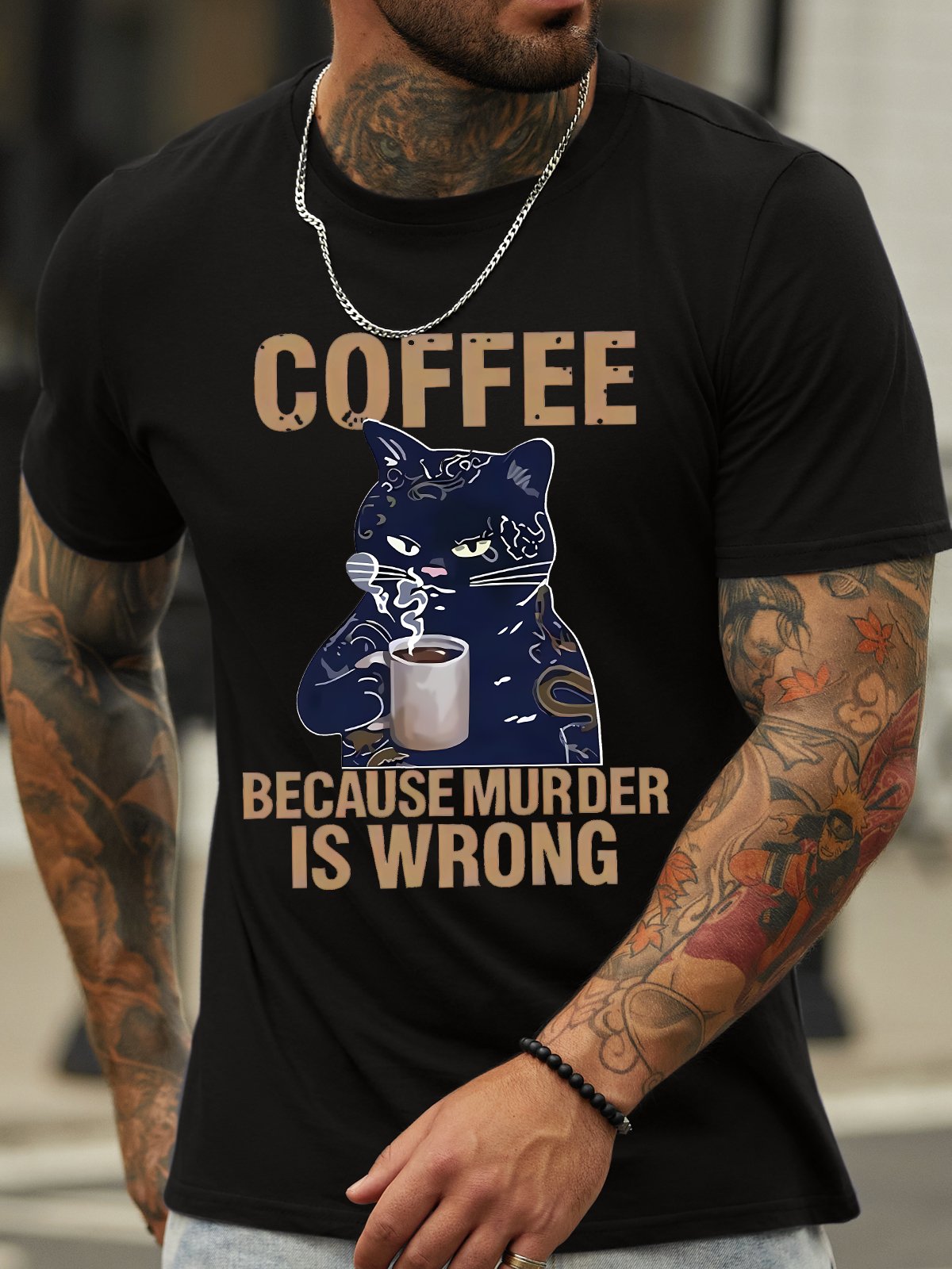 Men's Coffee Because Murder Is Wrong Funny Black Cat Graphic Printing Crew Neck Casual Text Letters Cotton T-Shirt