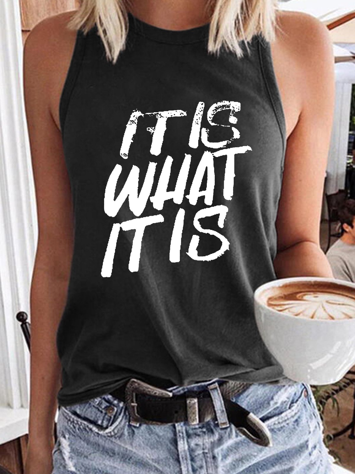 Women's It Is What It Is Print Crew Neck Casual Tank Top